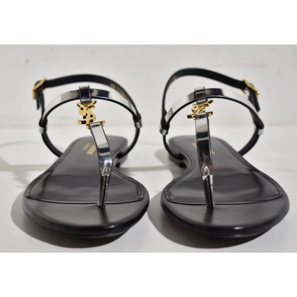 Saint Laurent YSL Logo Cassandra Iota 05 Silver Black Thong Slide Flat Sandal 38 - Picture 7 of 12